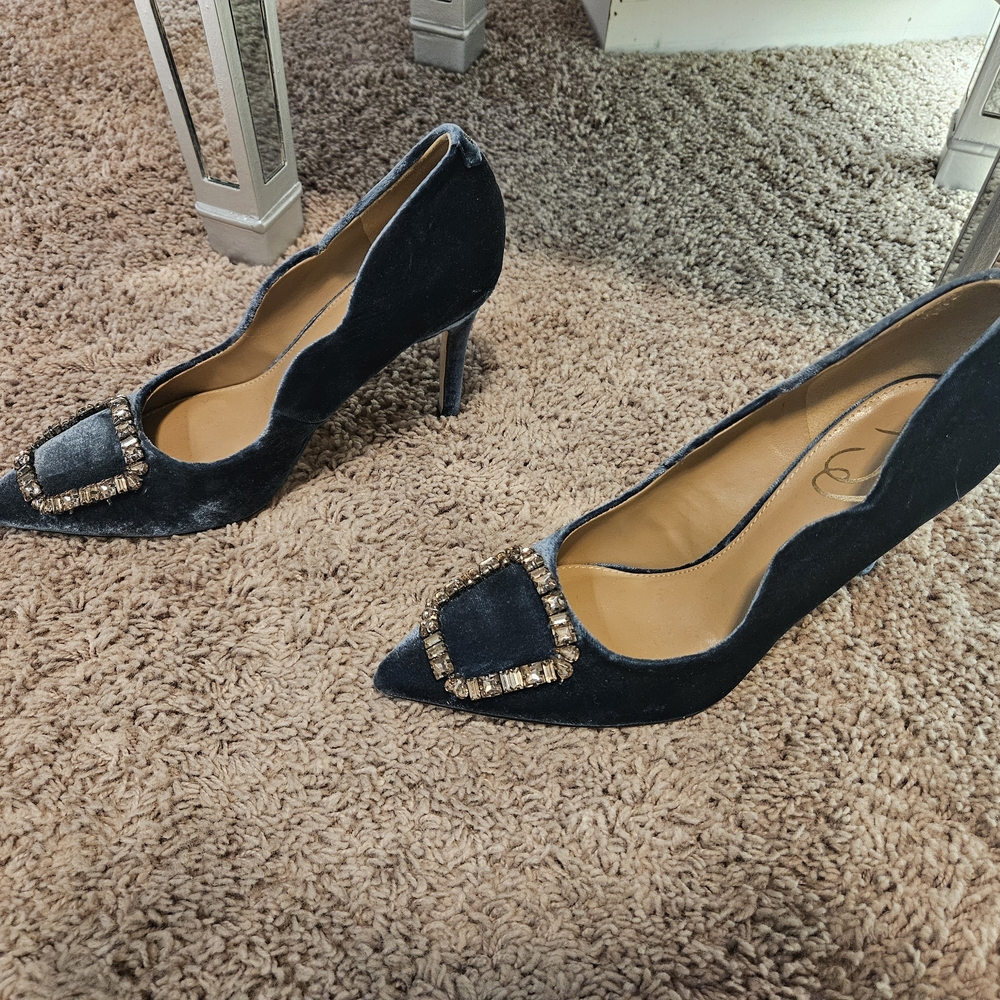 SAM EDELMAN Elegant Blue Velvet Women's Shoes with Embellished Buckle - Picture 2 of 5